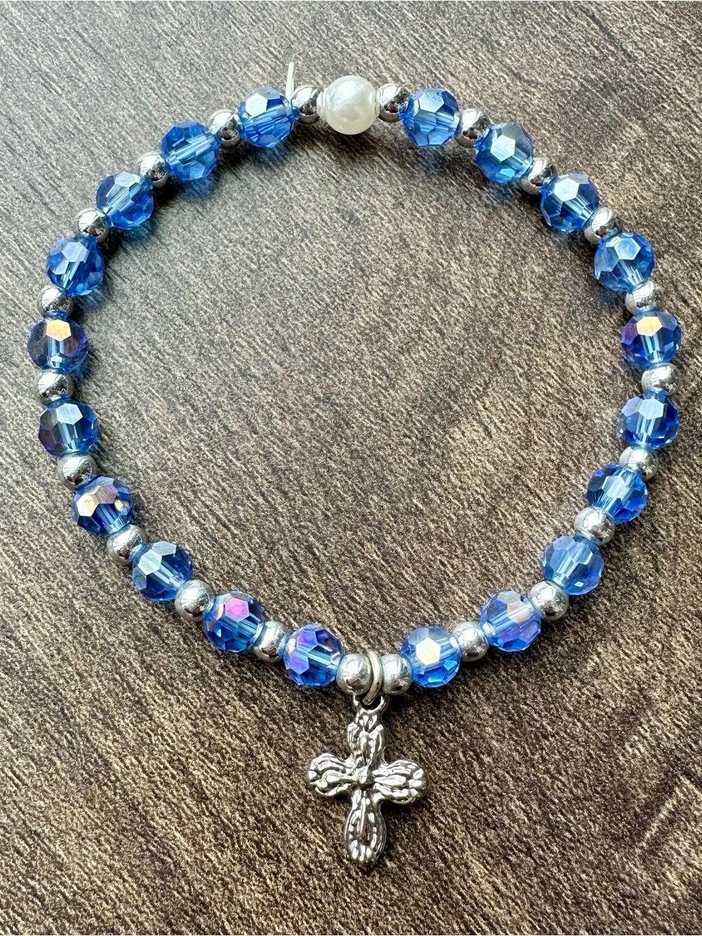 Religious Rosary Stretch Bracelet Blue Crystal - Crucifix Cross Charm